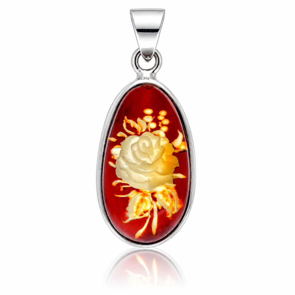 925 Sterling Silver & Genuine Baltic Amber Carved Rose Cameo Pendant - CMP002