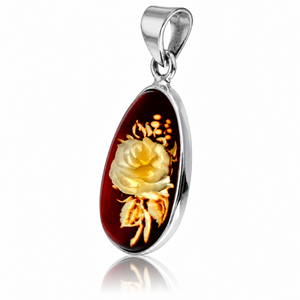 925 Sterling Silver & Genuine Baltic Amber Carved Rose Cameo Pendant - CMP002