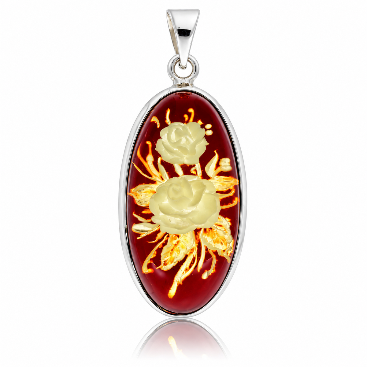 925 Sterling Silver & Genuine Baltic Amber Carved Rose Cameo Pendant - CMP003