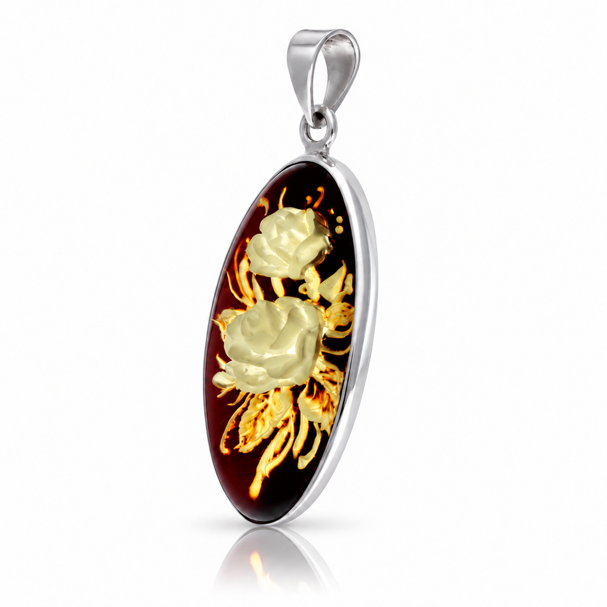 925 Sterling Silver & Genuine Baltic Amber Carved Rose Cameo Pendant - CMP003