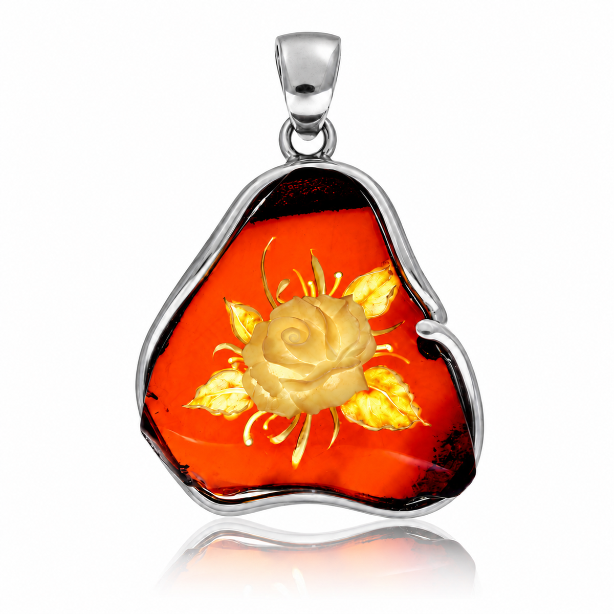 925 Sterling Silver & Genuine Baltic Amber Carved Rose Cameo Pendant - CMP004
