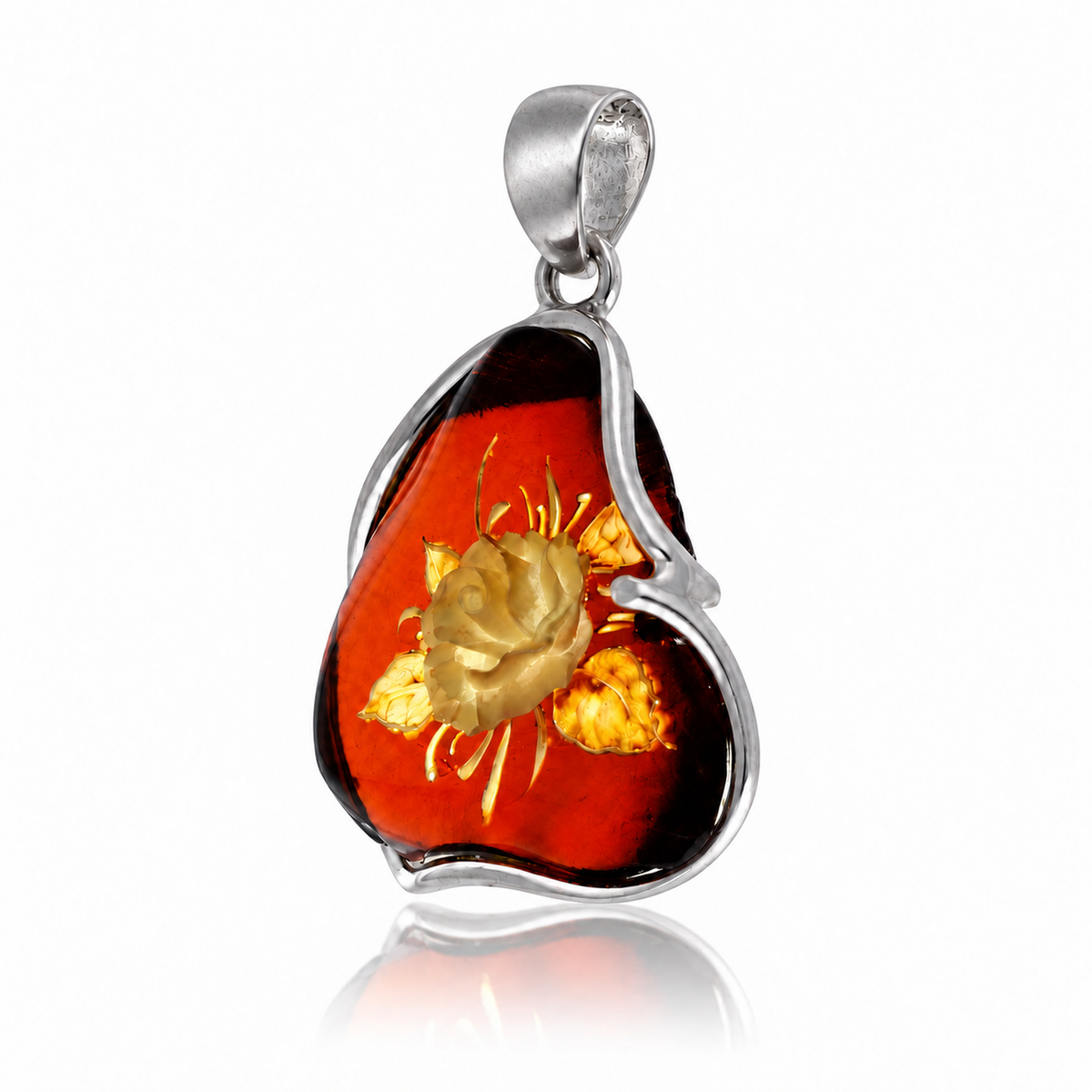 925 Sterling Silver & Genuine Baltic Amber Carved Rose Cameo Pendant - CMP004