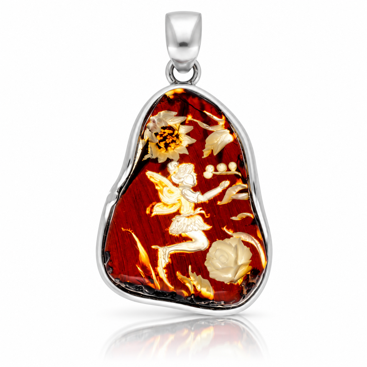925 Sterling Silver & Genuine Baltic Amber Carved Fairytale Cameo Pendant - CMP005
