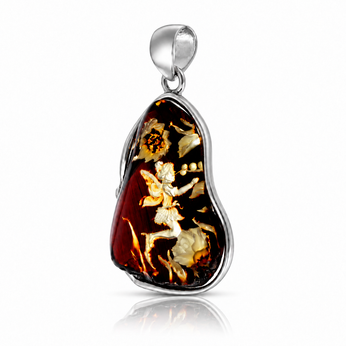 925 Sterling Silver & Genuine Baltic Amber Carved Fairytale Cameo Pendant - CMP005