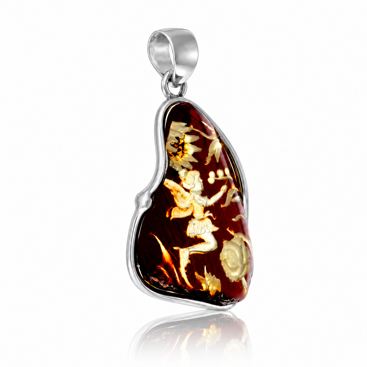 925 Sterling Silver & Genuine Baltic Amber Carved Fairytale Cameo Pendant - CMP005