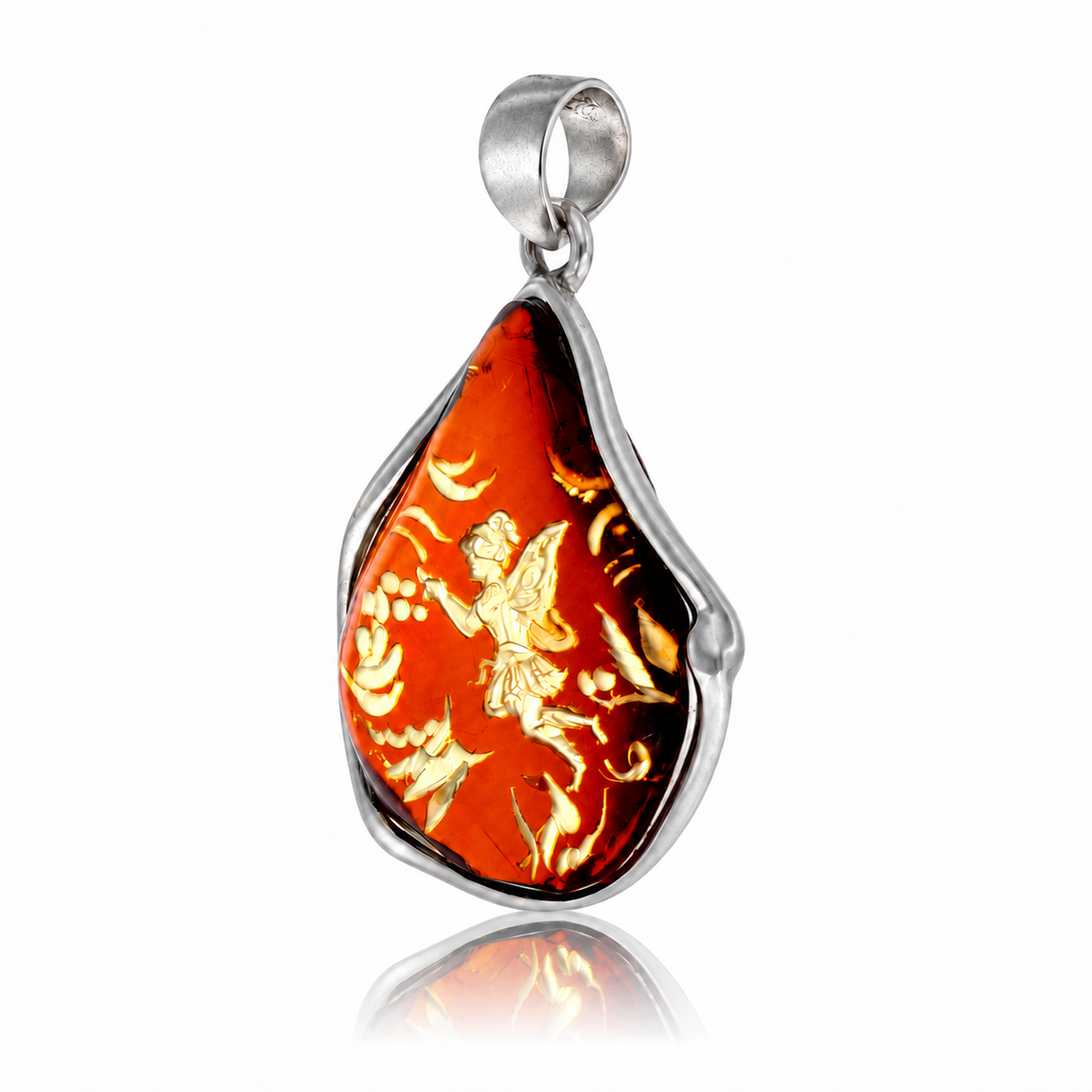 925 Sterling Silver & Genuine Baltic Amber Carved Fairytale Cameo Pendant - CMP006