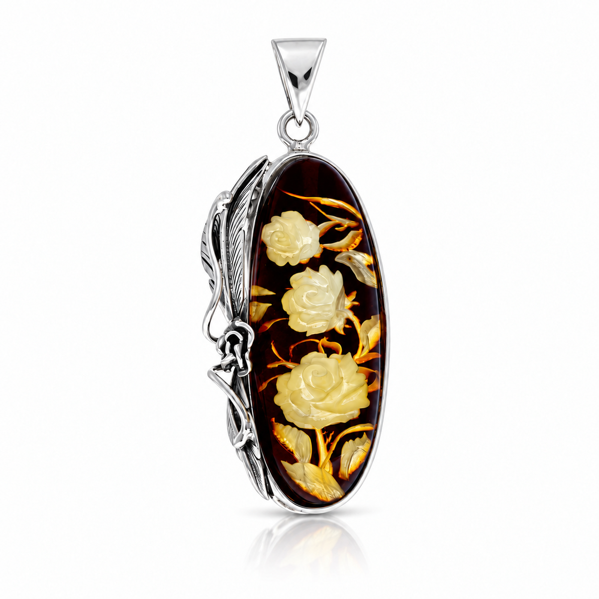 925 Sterling Silver & Genuine Baltic Amber Carved Rose Cameo Pendant - CMP008