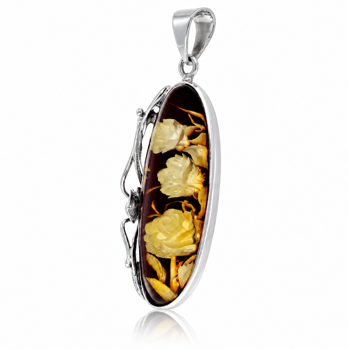 925 Sterling Silver & Genuine Baltic Amber Carved Rose Cameo Pendant - CMP008