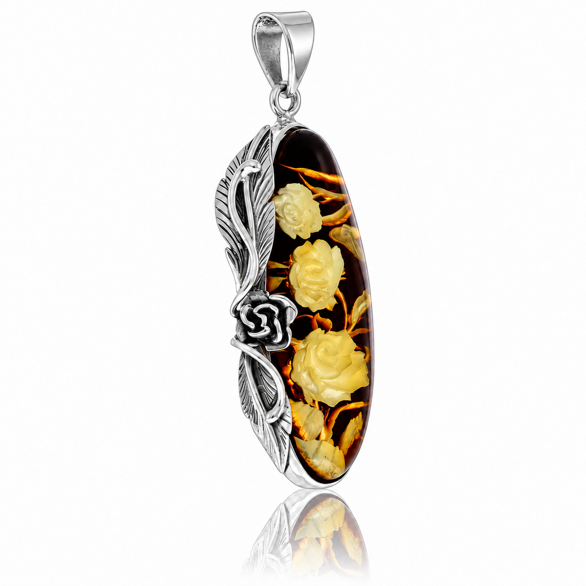 925 Sterling Silver & Genuine Baltic Amber Carved Rose Cameo Pendant - CMP008