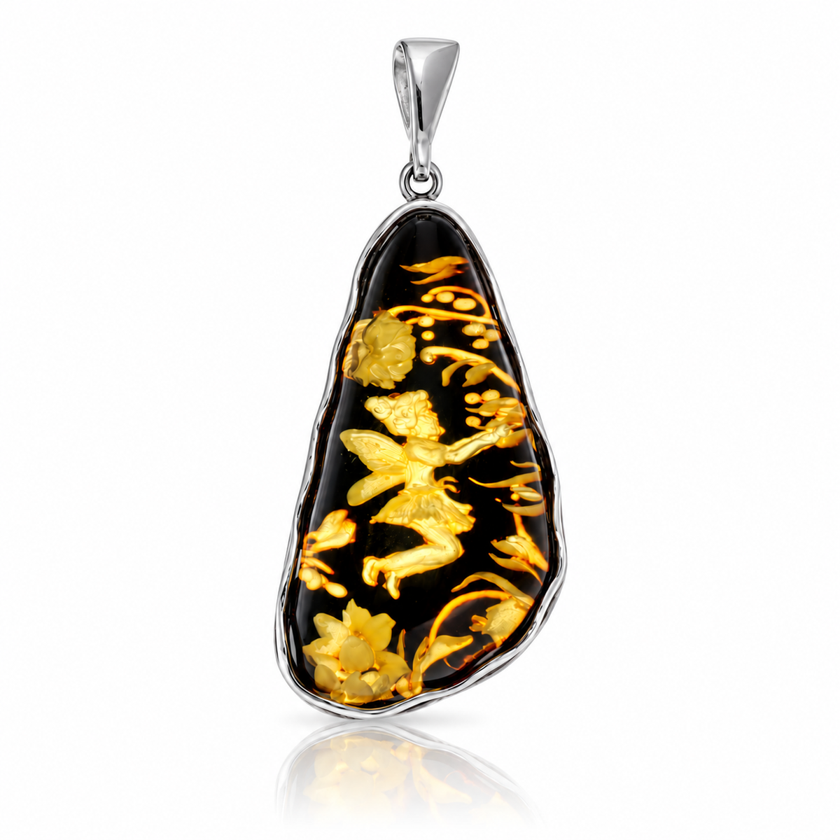 925 Sterling Silver & Genuine Baltic Amber Carved Fairytale Cameo Pendant - CMP009
