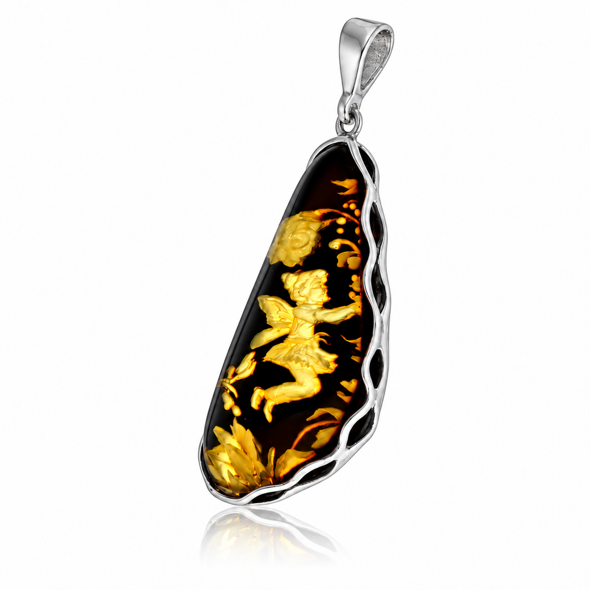 925 Sterling Silver & Genuine Baltic Amber Carved Fairytale Cameo Pendant - CMP009
