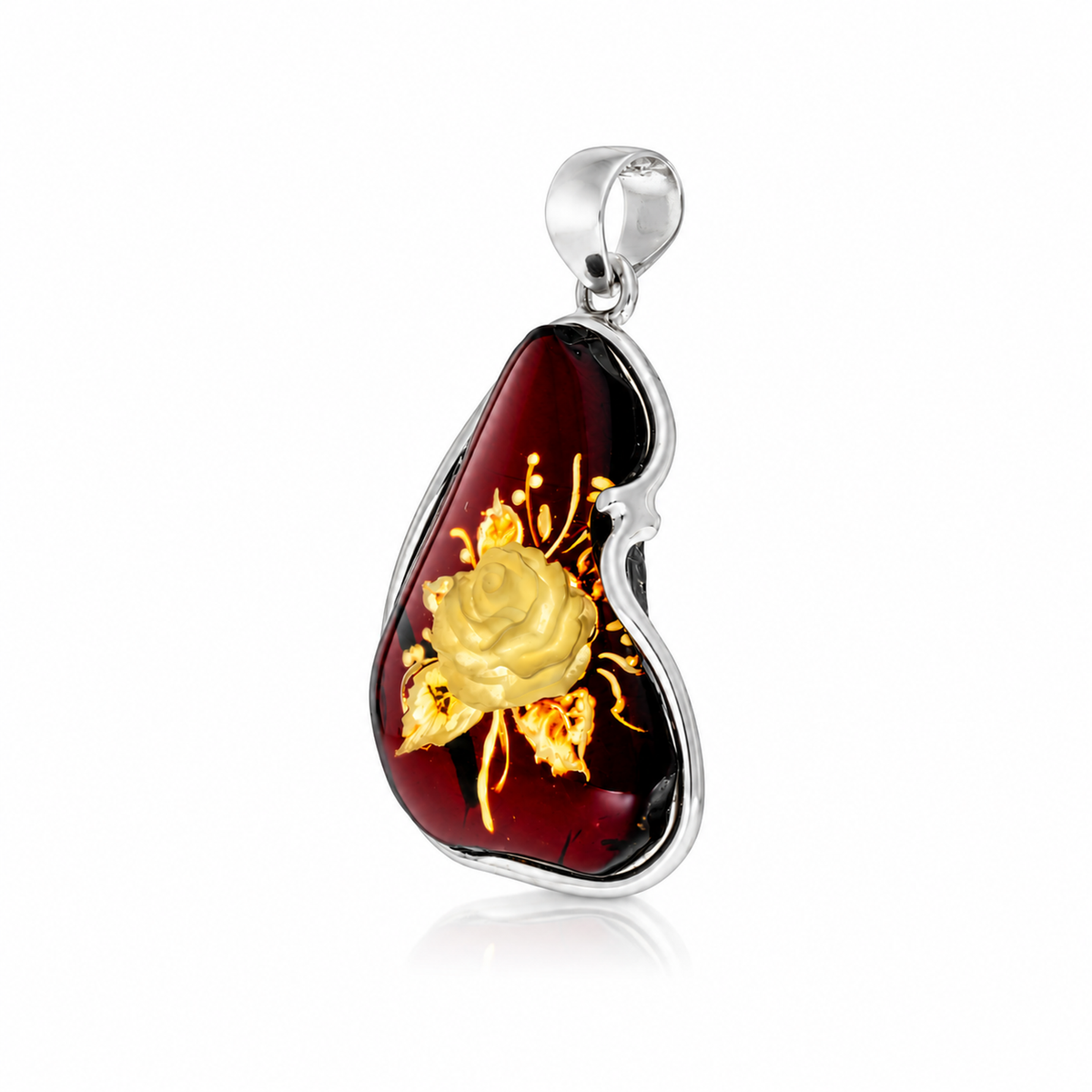 925 Sterling Silver & Genuine Baltic Amber Carved Rose Cameo Pendant - CMP010