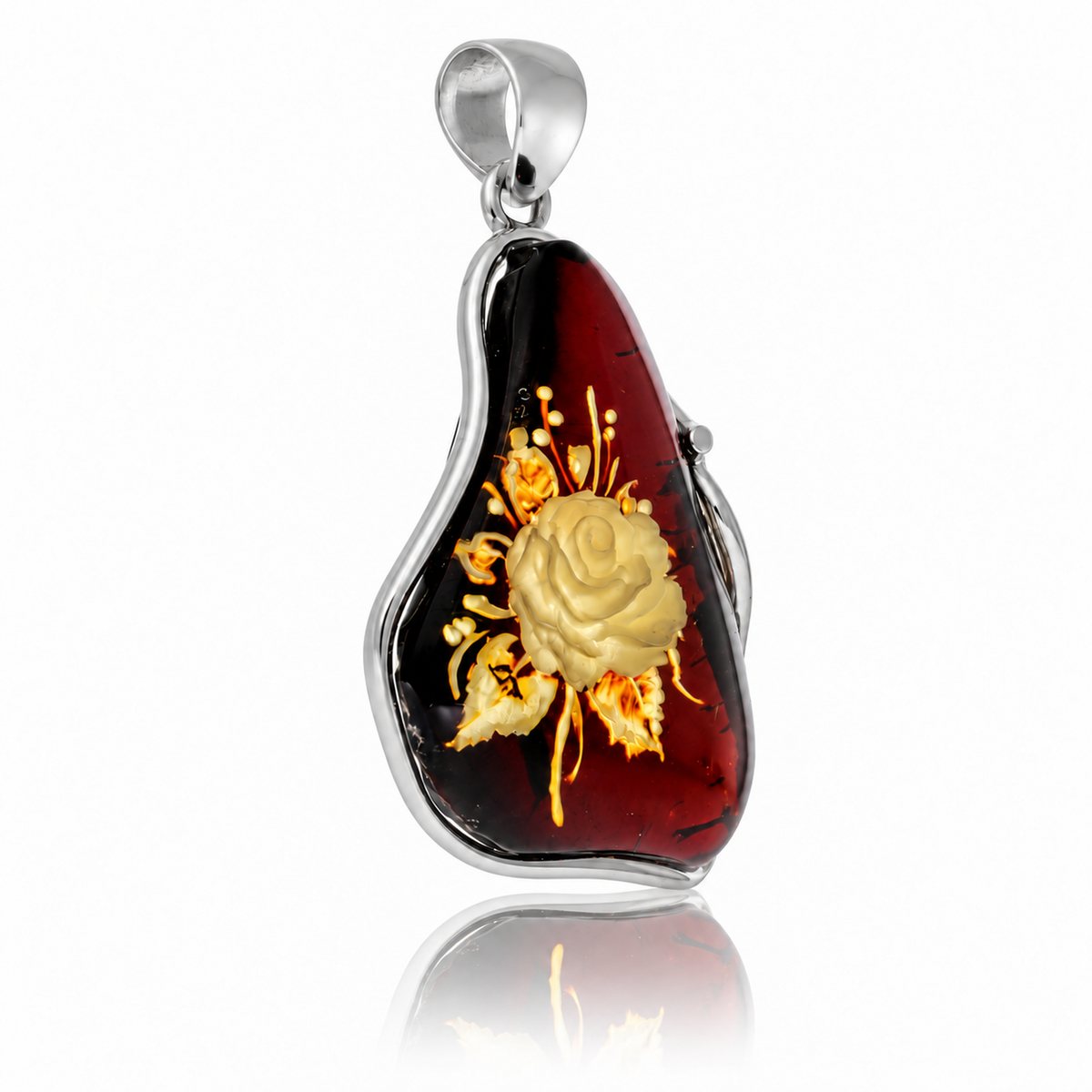 925 Sterling Silver & Genuine Baltic Amber Carved Rose Cameo Pendant - CMP010