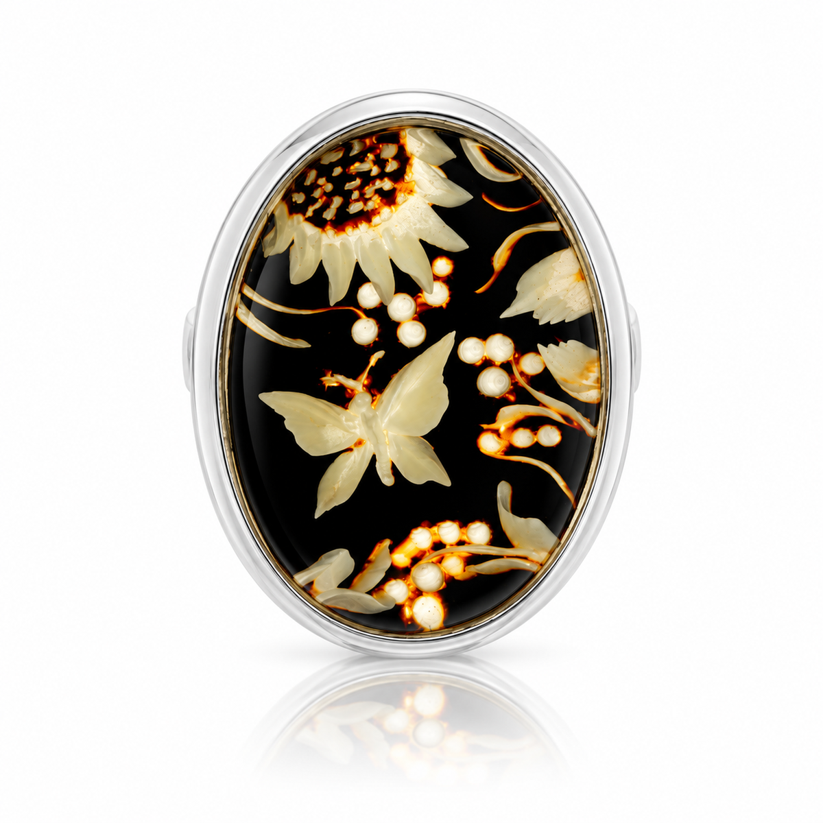 925 Sterling Silver & Genuine Baltic Amber Carved Butterfly and Sunflower Cameo Adjustable Ring - CMR001