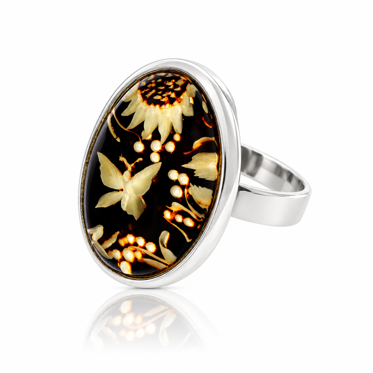 925 Sterling Silver & Genuine Baltic Amber Carved Butterfly and Sunflower Cameo Adjustable Ring - CMR001