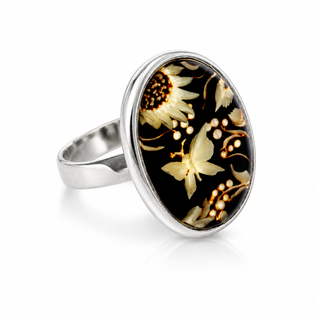 925 Sterling Silver & Genuine Baltic Amber Carved Butterfly and Sunflower Cameo Adjustable Ring - CMR001