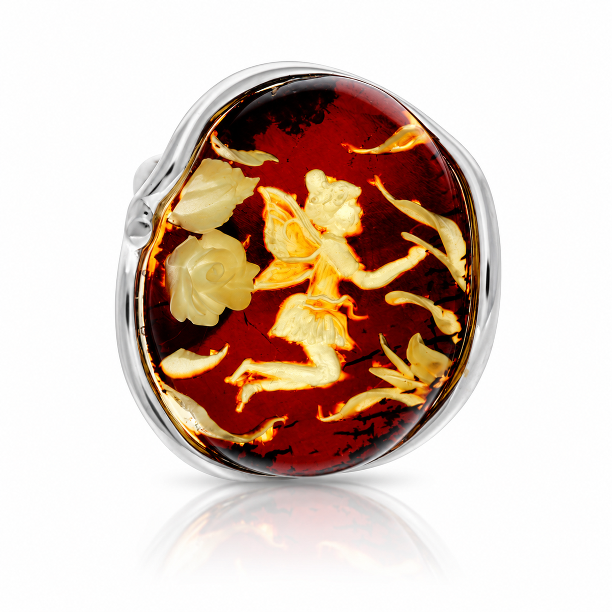 925 Sterling Silver & Genuine Baltic Amber Carved Fairytale Cameo Adjustable Ring - CMR002