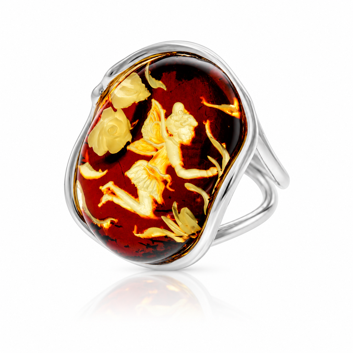 925 Sterling Silver & Genuine Baltic Amber Carved Fairytale Cameo Adjustable Ring - CMR002