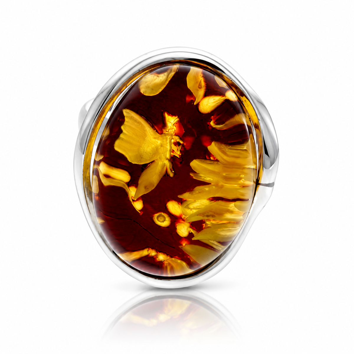 925 Sterling Silver & Genuine Baltic Amber Carved Butterfly Cameo Adjustable Ring - CMR003