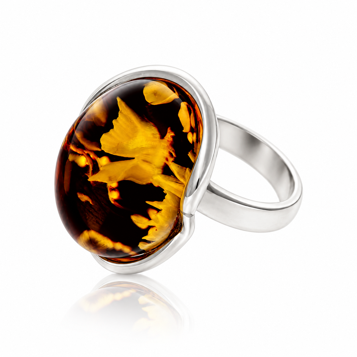 925 Sterling Silver & Genuine Baltic Amber Carved Butterfly Cameo Adjustable Ring - CMR003