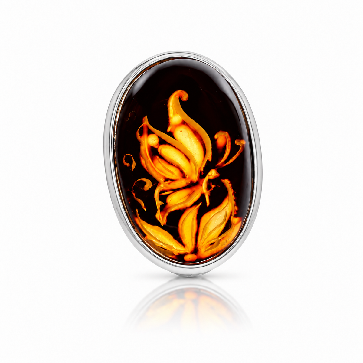 925 Sterling Silver & Genuine Baltic Amber Carved Butterfly Cameo Adjustable Ring - CMR007