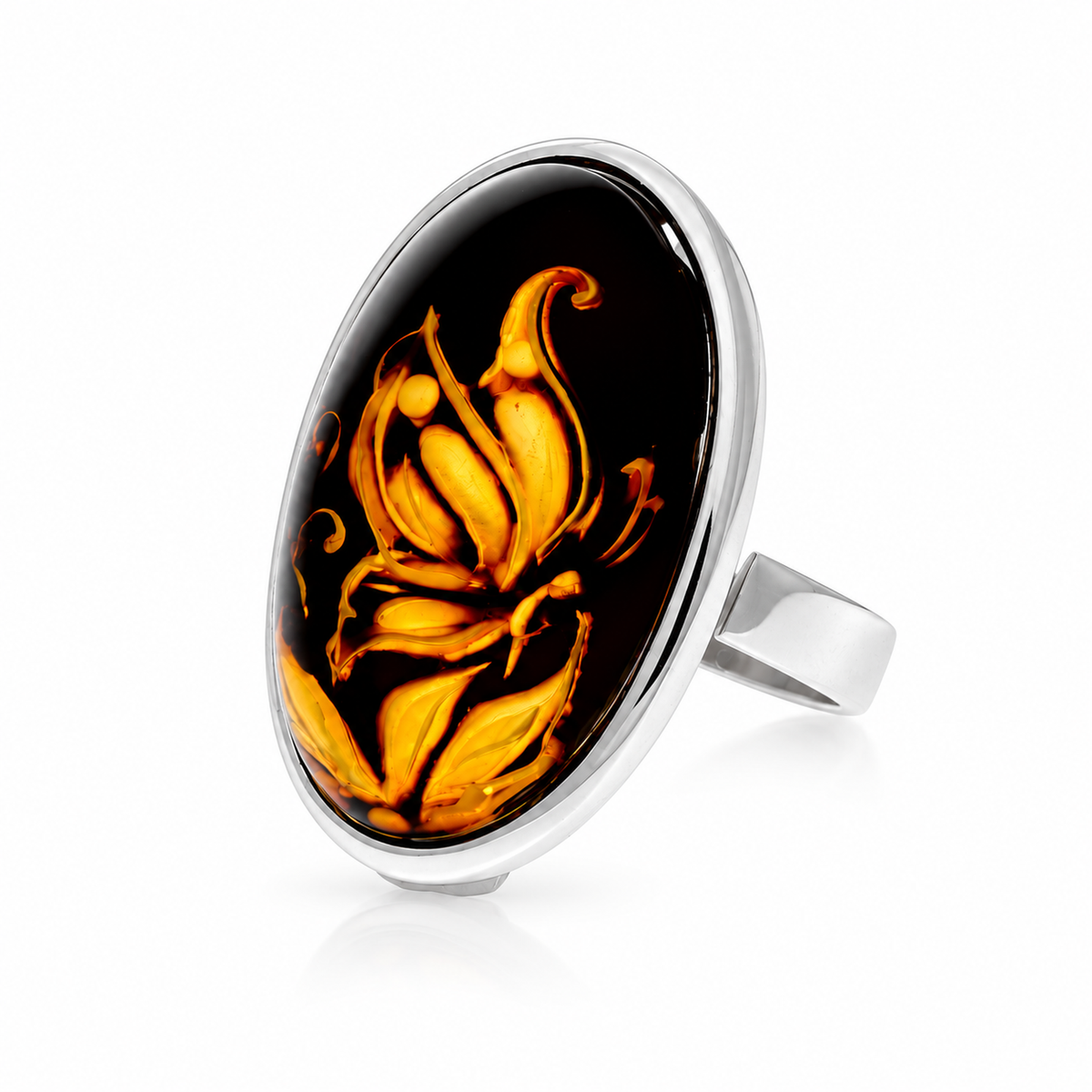 925 Sterling Silver & Genuine Baltic Amber Carved Butterfly Cameo Adjustable Ring - CMR007