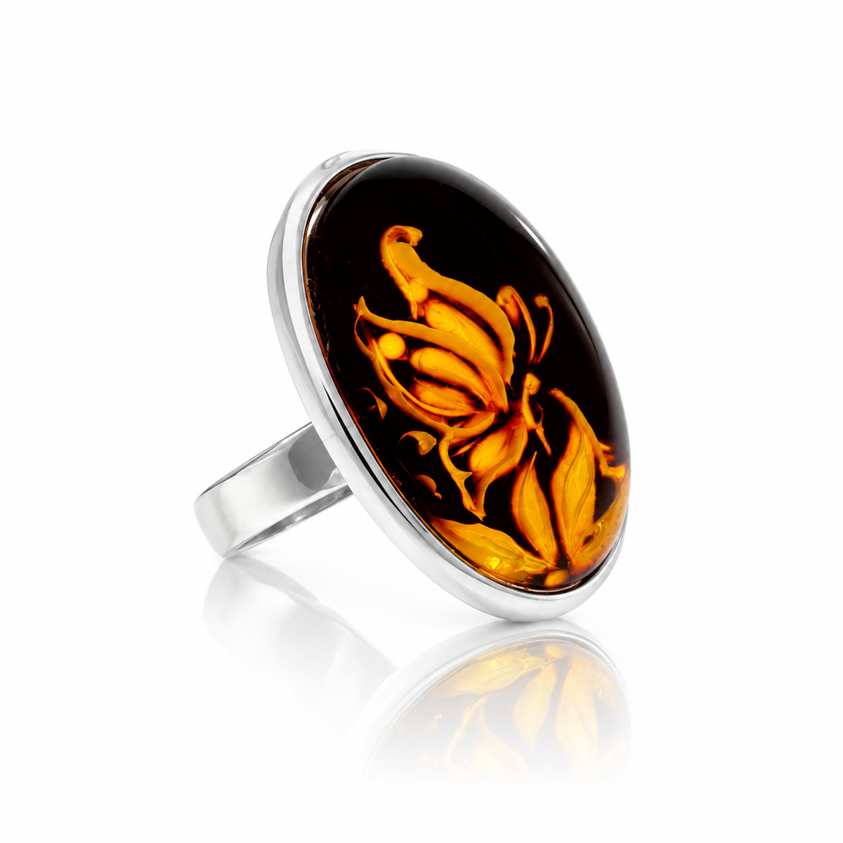 925 Sterling Silver & Genuine Baltic Amber Carved Butterfly Cameo Adjustable Ring - CMR007