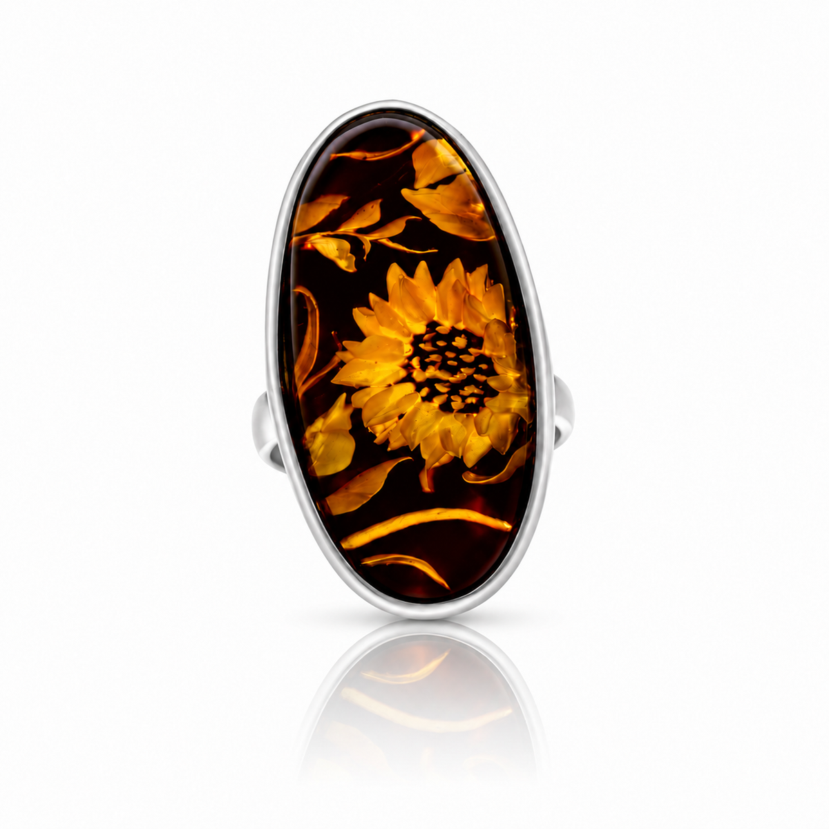 925 Sterling Silver & Genuine Baltic Amber Carved Sunflower Cameo Adjustable Ring - CMR008