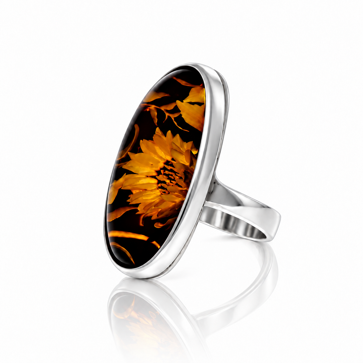 925 Sterling Silver & Genuine Baltic Amber Carved Sunflower Cameo Adjustable Ring - CMR008