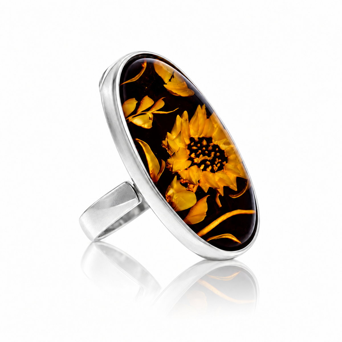 925 Sterling Silver & Genuine Baltic Amber Carved Sunflower Cameo Adjustable Ring - CMR008