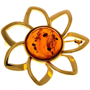 925 Sterling Silver & Baltic Amber Classic Round Flower Brooch - AB01