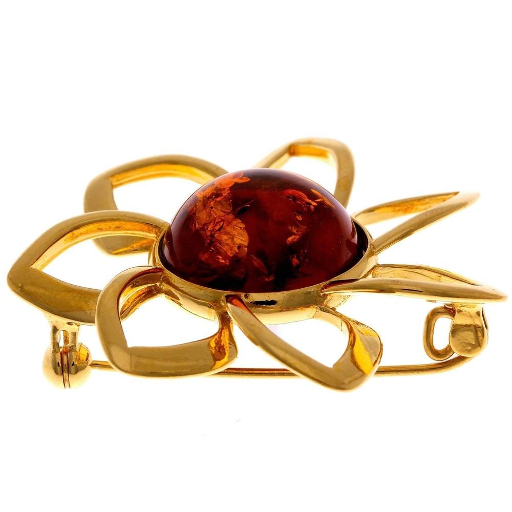 925 Sterling Silver & Baltic Amber Classic Round Flower Brooch - AB01