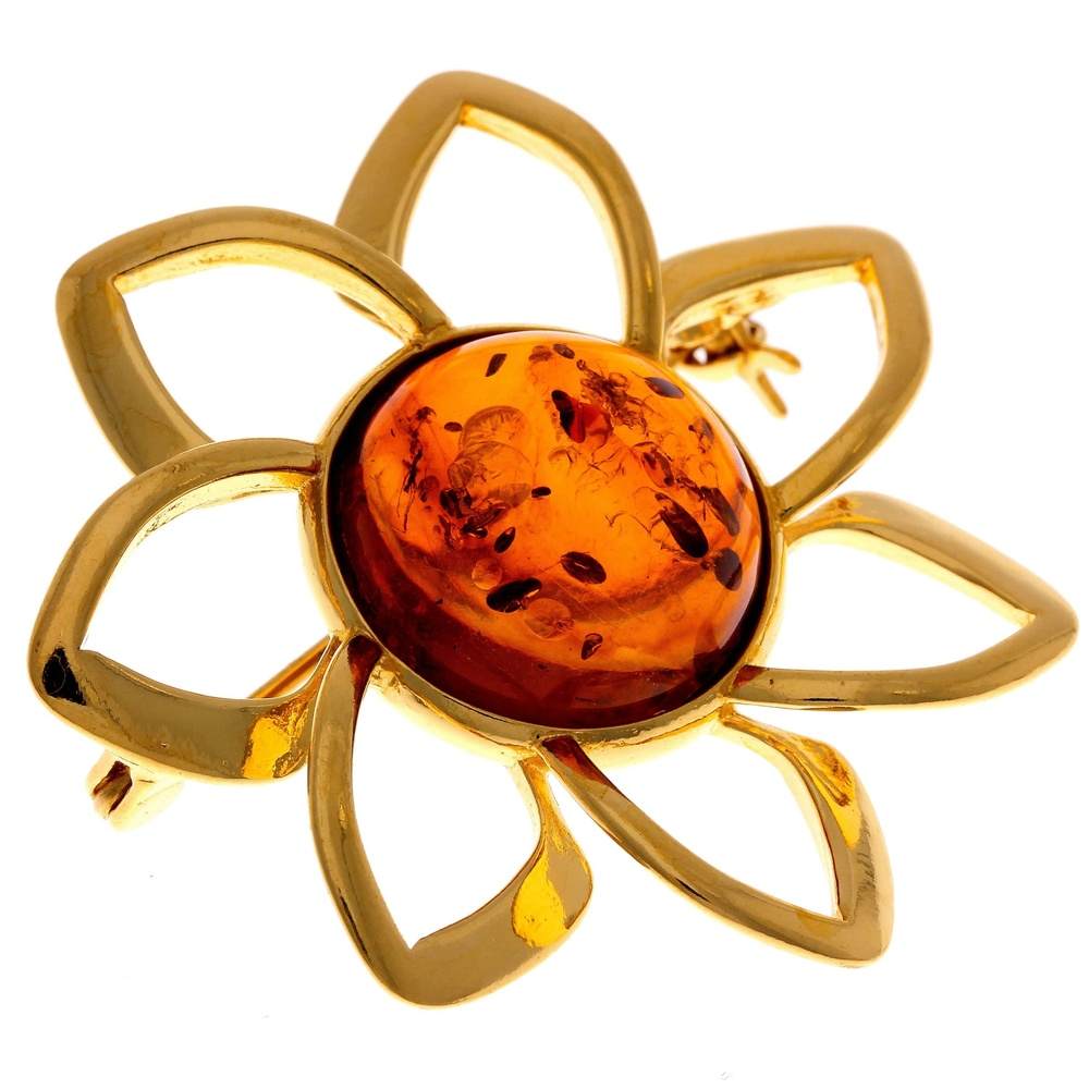 925 Sterling Silver & Baltic Amber Classic Round Flower Brooch - AB01