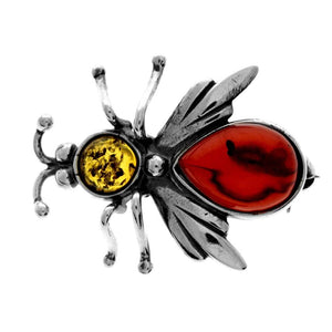 925 Sterling Silver & Genuine Baltic Amber Fly Brooch - G801