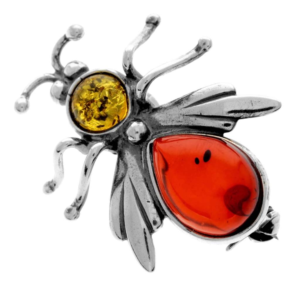 925 Sterling Silver & Genuine Baltic Amber Fly Brooch - G801