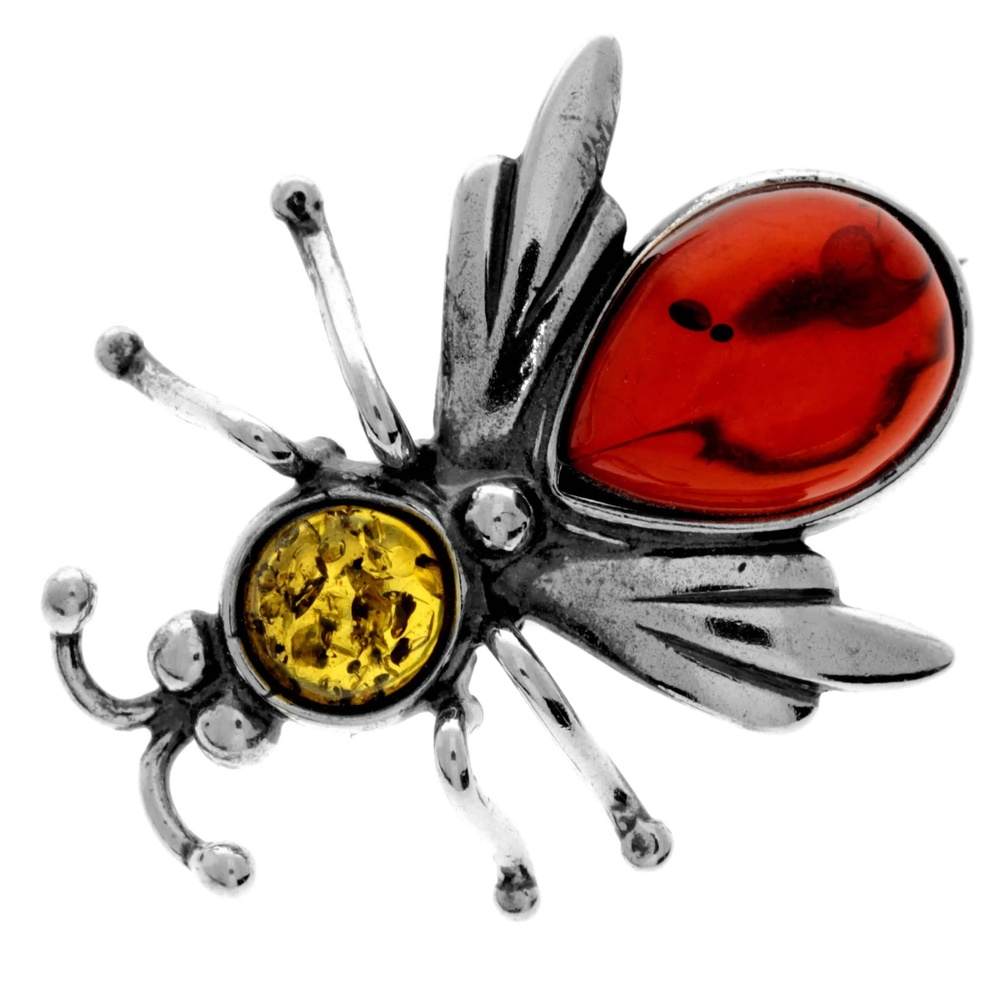 925 Sterling Silver & Genuine Baltic Amber Fly Brooch - G801