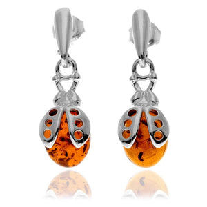 925 Sterling Silver & Genuine Baltic Amber Ladybird Drop Earrings - GL1000D