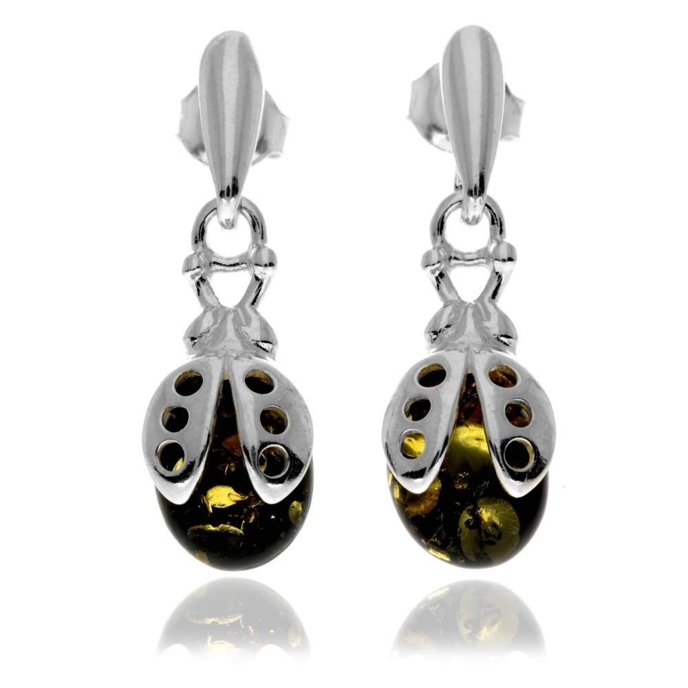 925 Sterling Silver & Genuine Baltic Amber Ladybird Drop Earrings - GL1000D