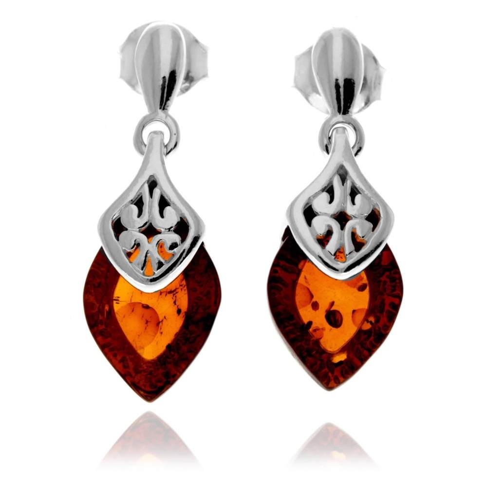 925 Sterling Silver & Genuine Baltic Amber Marquise Modern Drop Earrings - GL1017D