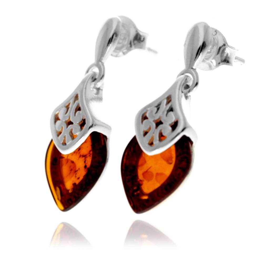925 Sterling Silver & Genuine Baltic Amber Marquise Modern Drop Earrings - GL1017D