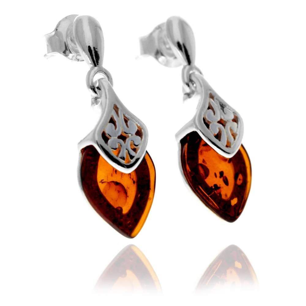 925 Sterling Silver & Genuine Baltic Amber Marquise Modern Drop Earrings - GL1017D