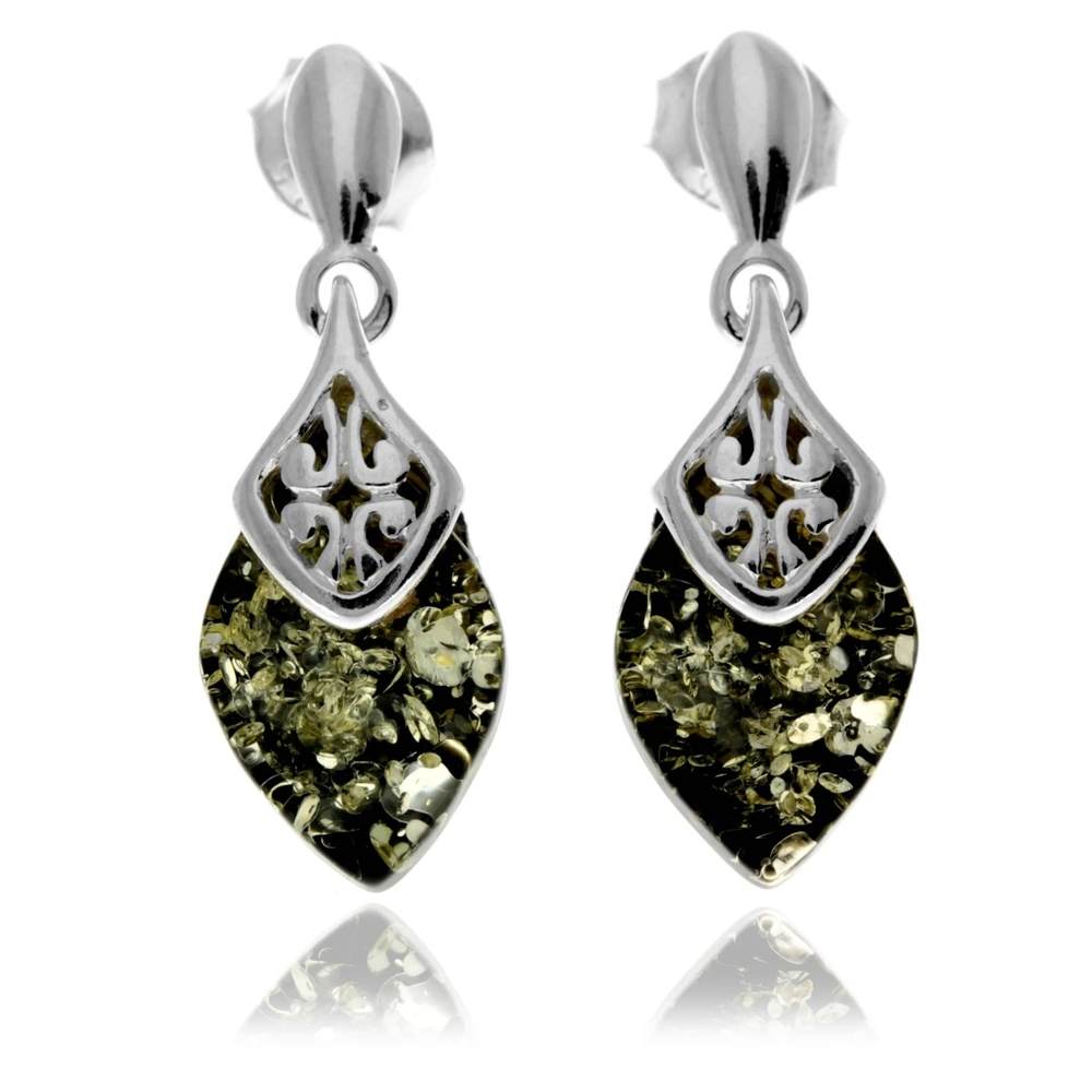 925 Sterling Silver & Genuine Baltic Amber Marquise Modern Drop Earrings - GL1017D