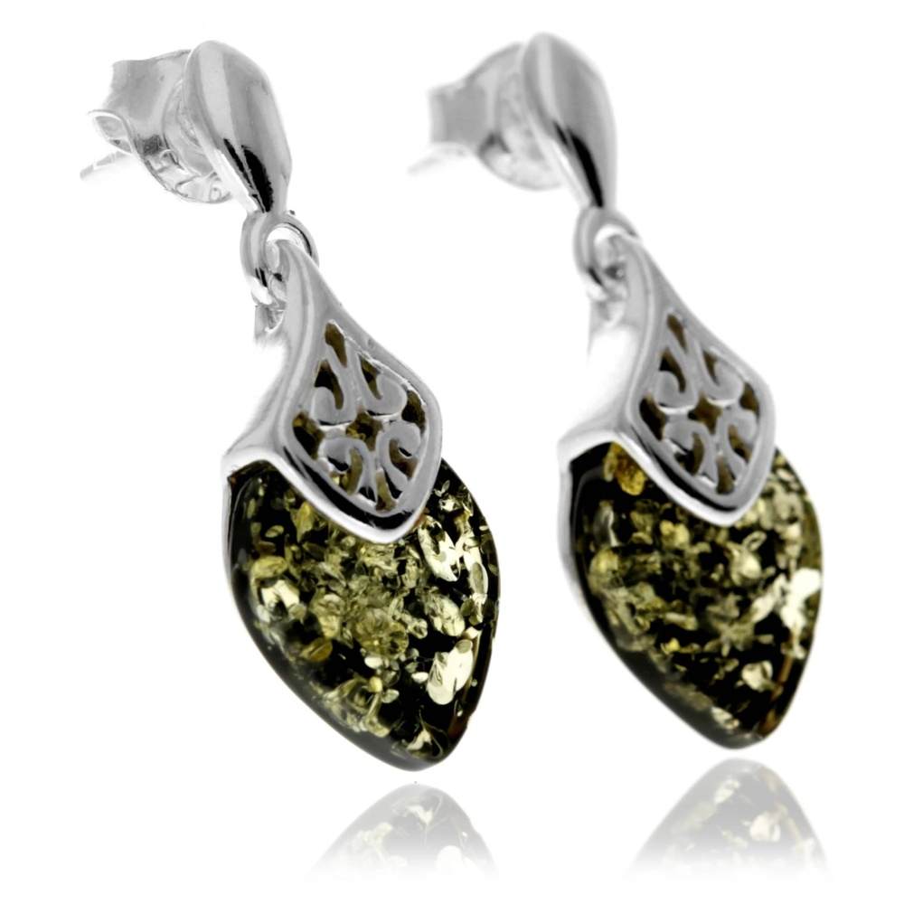 925 Sterling Silver & Genuine Baltic Amber Marquise Modern Drop Earrings - GL1017D