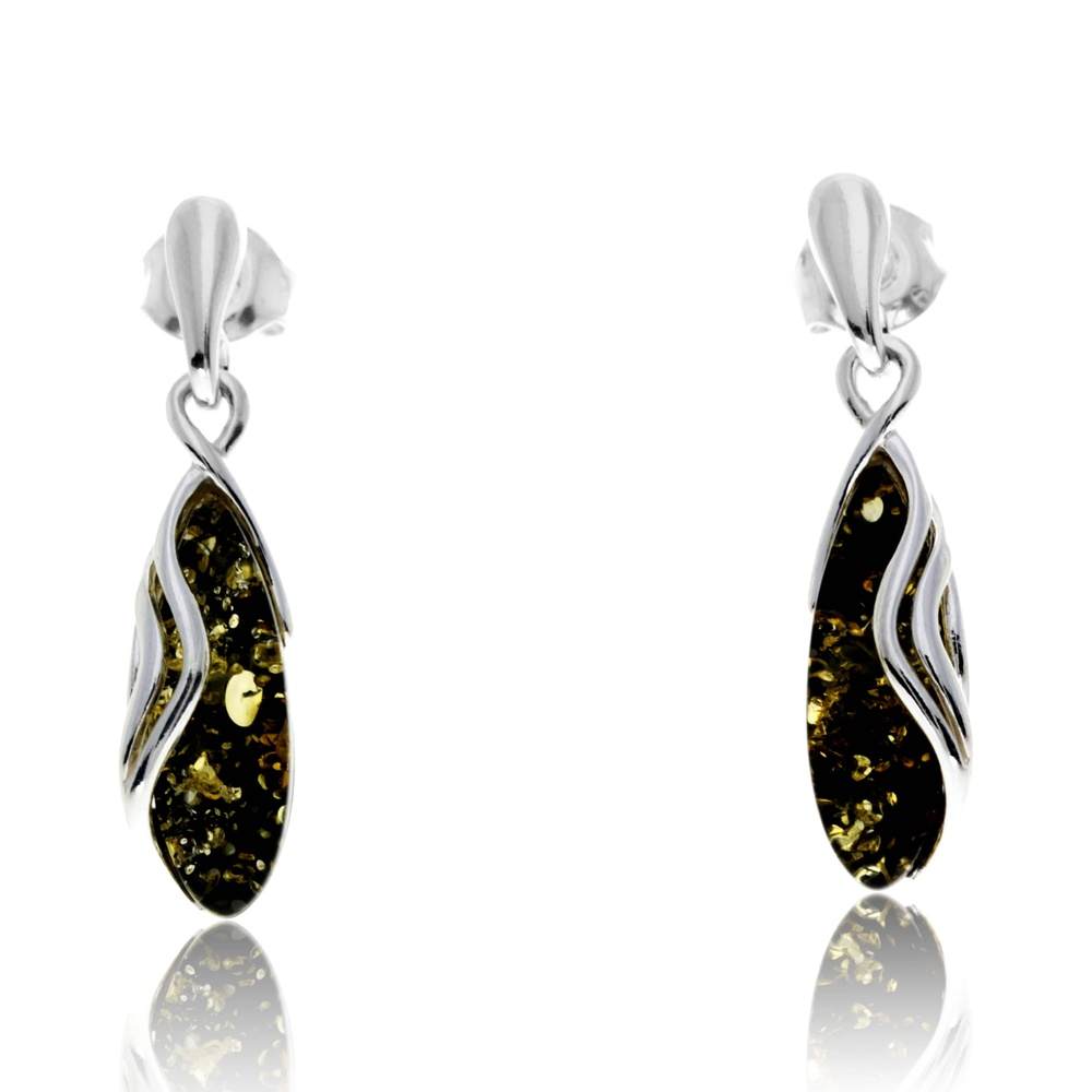 925 Sterling Silver & Genuine Baltic Amber Modern Studs Dangling Earrings - GL1020