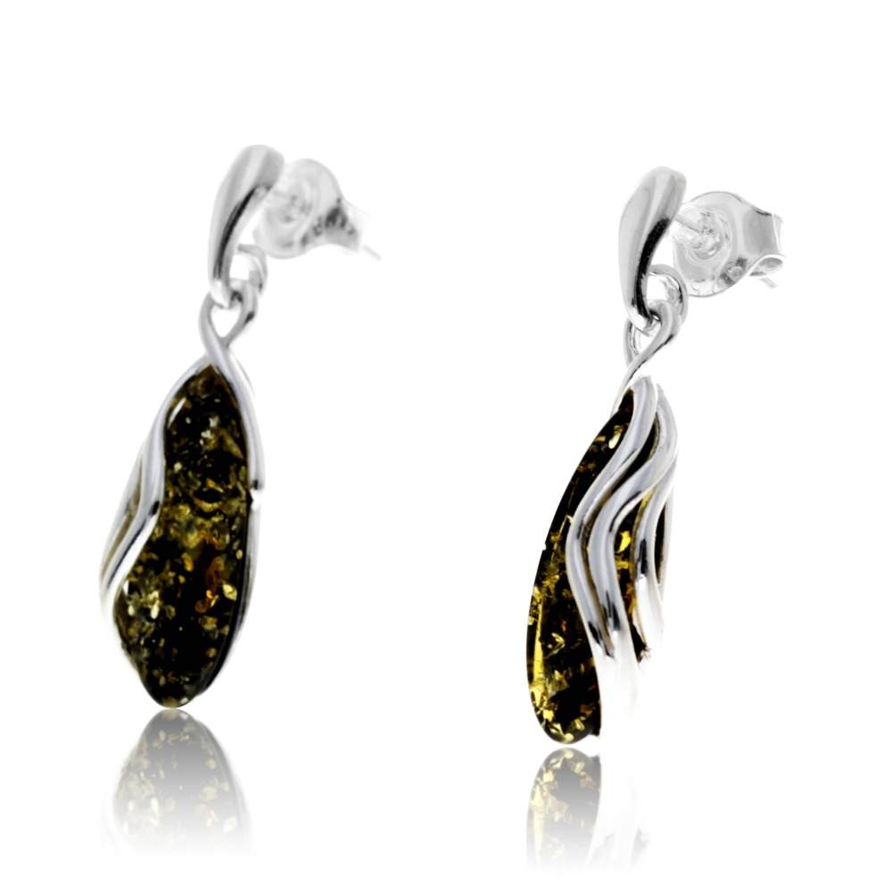 925 Sterling Silver & Genuine Baltic Amber Modern Studs Dangling Earrings - GL1020
