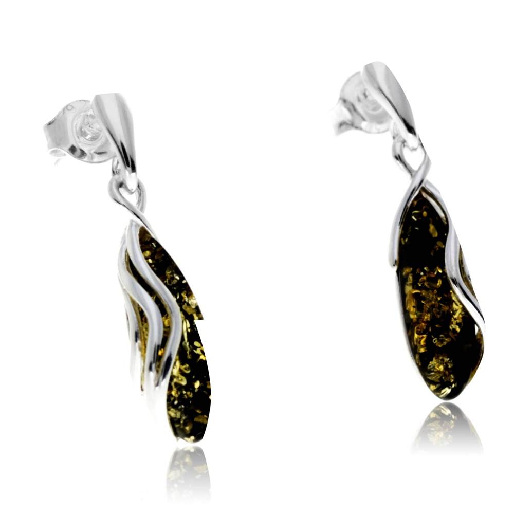 925 Sterling Silver & Genuine Baltic Amber Modern Studs Dangling Earrings - GL1020
