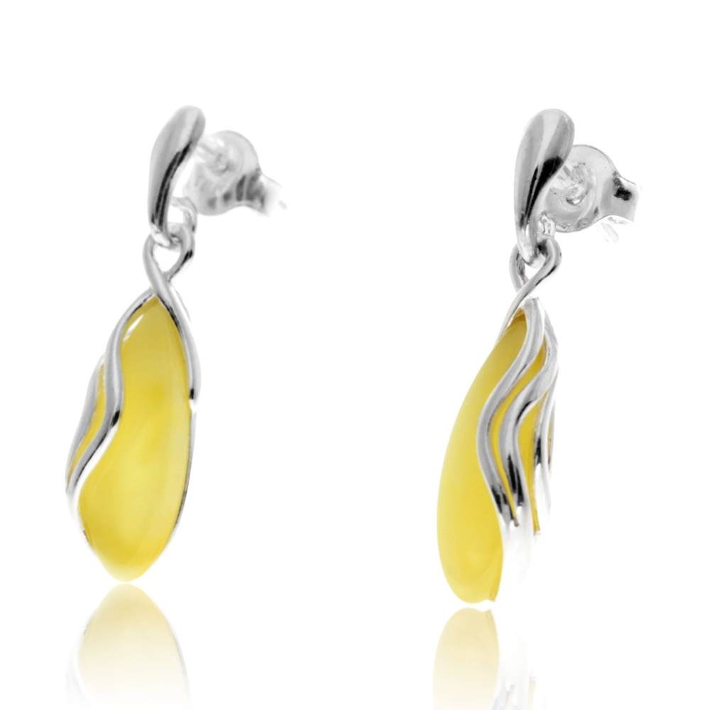 925 Sterling Silver & Genuine Baltic Amber Modern Studs Dangling Earrings - GL1020