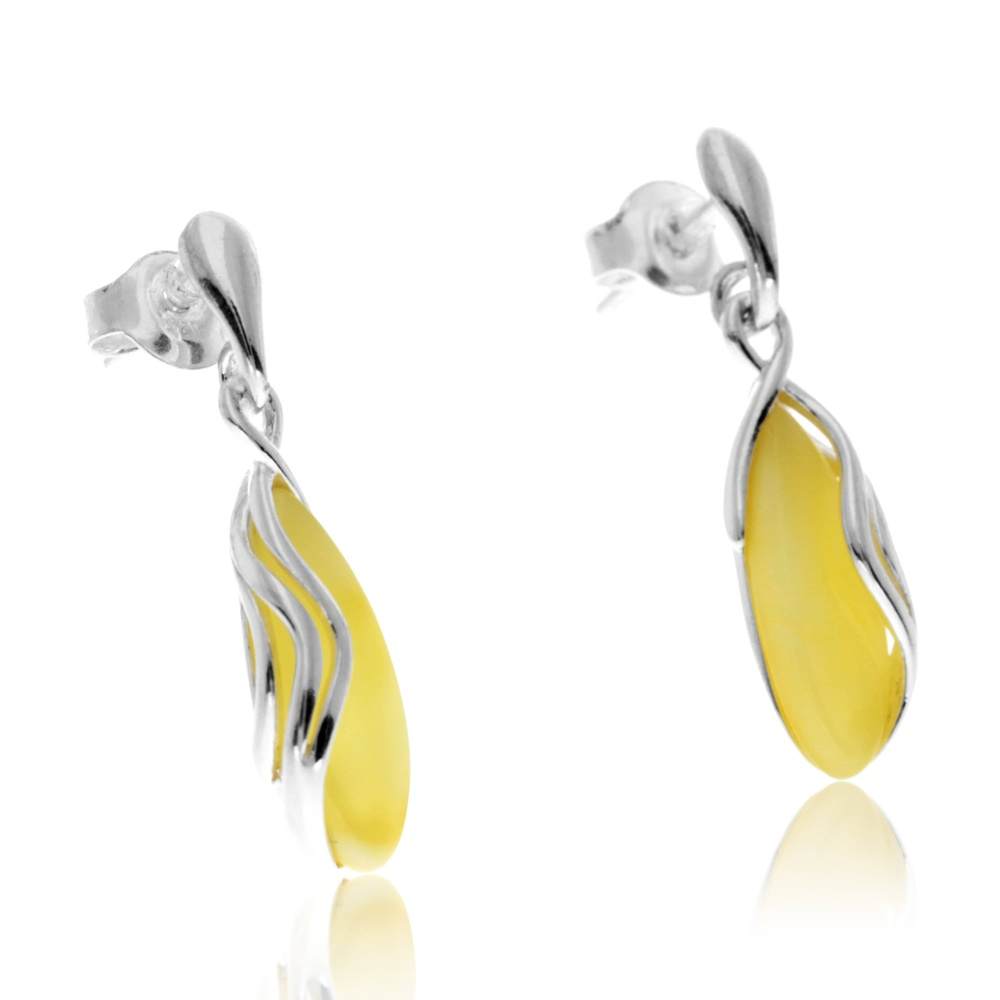 925 Sterling Silver & Genuine Baltic Amber Modern Studs Dangling Earrings - GL1020