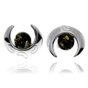 925 Sterling Silver & Genuine Baltic Amber Classic Half Moon Studs Earrings - GL1023