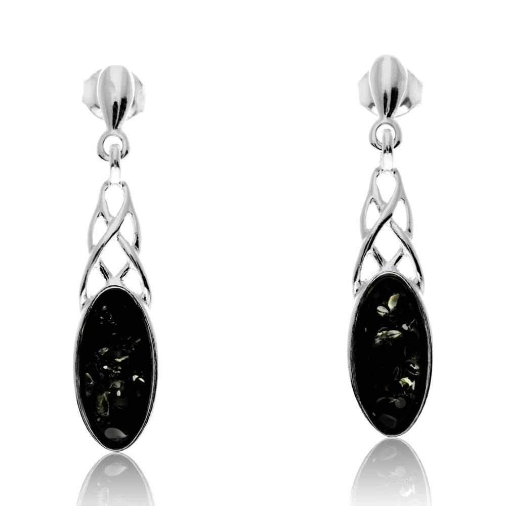 925 Sterling Silver & Genuine Baltic Amber Celtic Drop Earrings - GL1025
